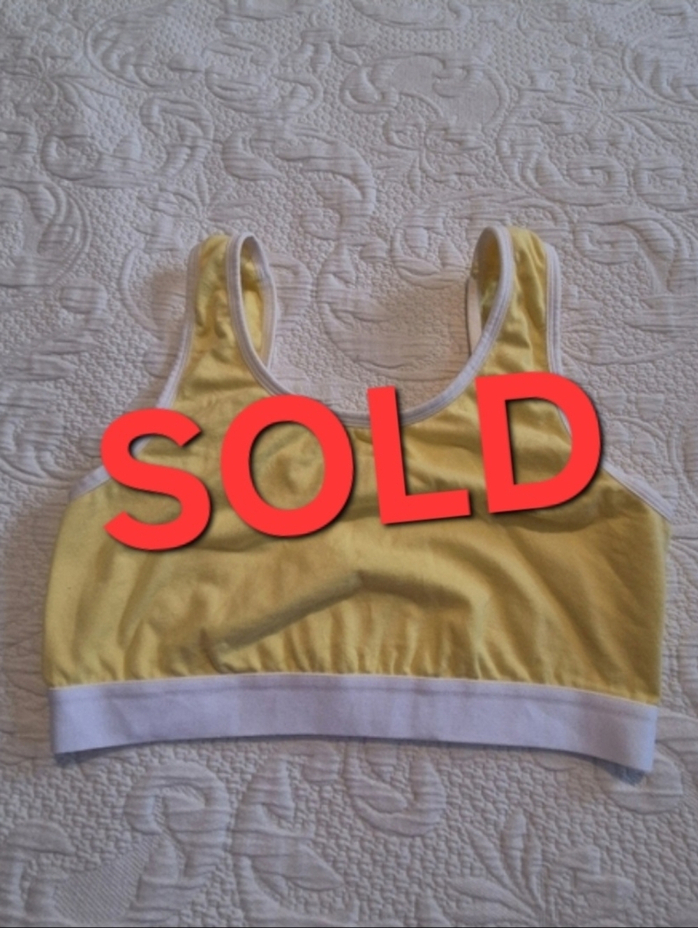 TOMBOY X women's Large yellow with white trim soft essentials bra no padding EUC